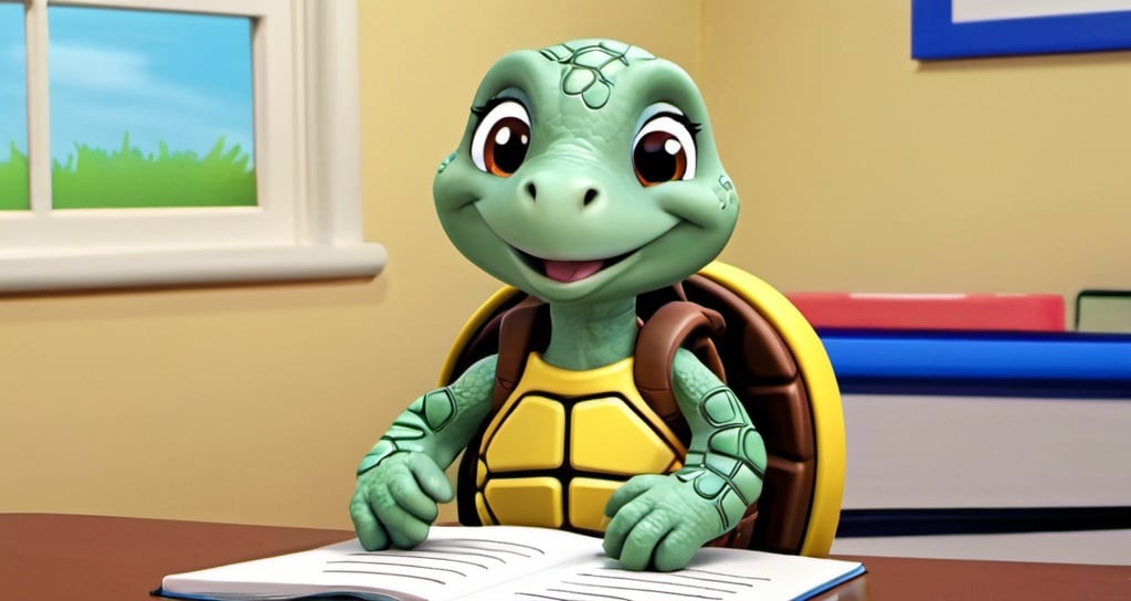 Prompt: Terrie the turtle first day of school (cartoon turtle)