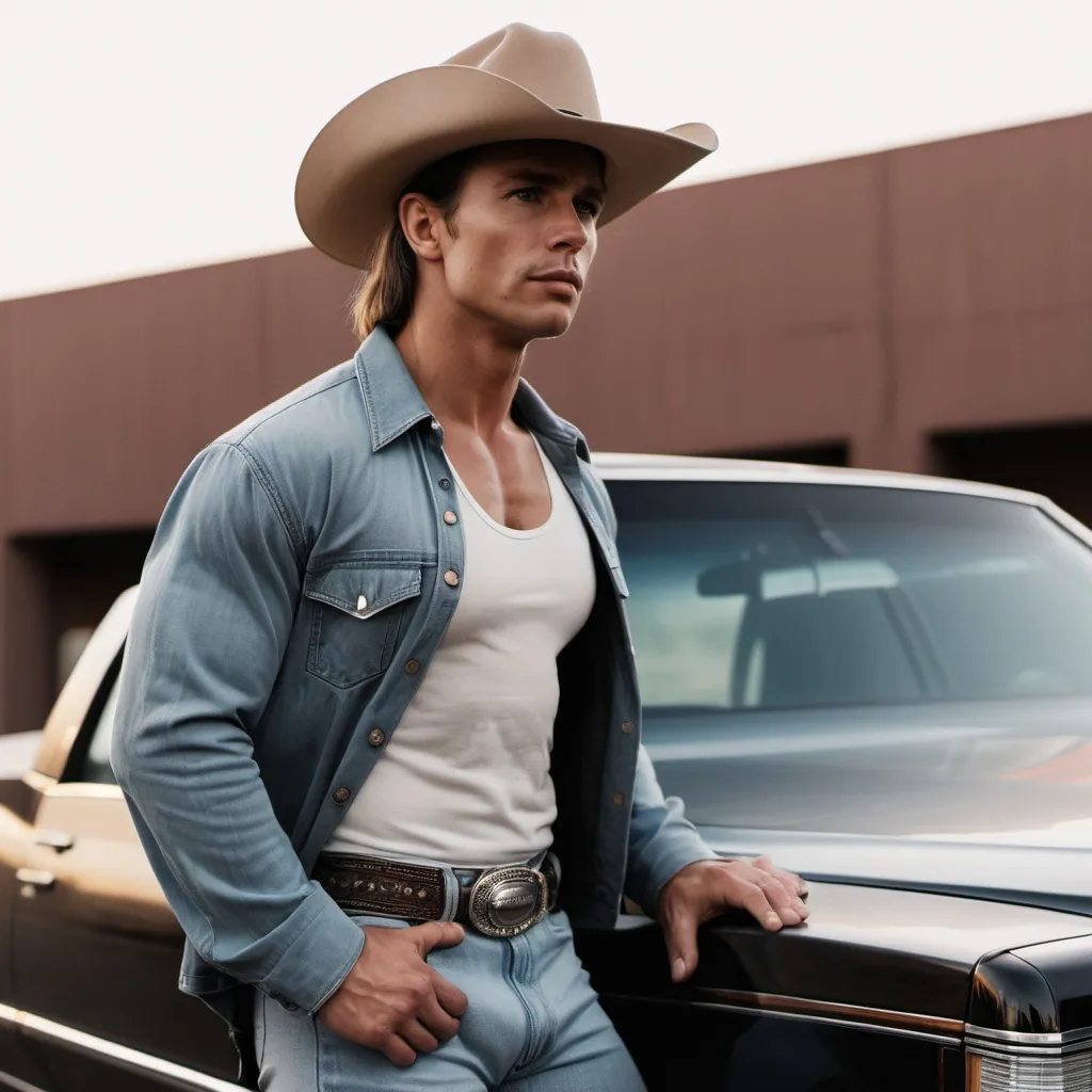 Prompt: Fit man with cowboy hat looking away leaning on an 80's cadillac car