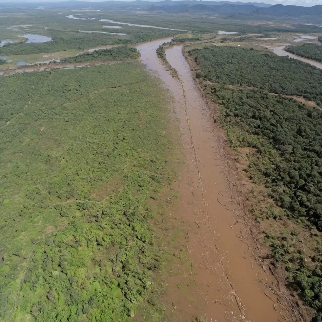 Prompt: crie uma foto mostrando os solos das 
plantações destruidos e as plantas desnutridas por conta das enchentes no Rio Grande do Sul em 2024