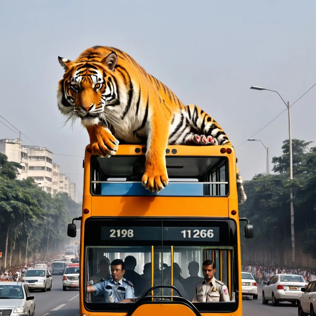 Prompt: the tiger sitting on a above the bus  in trafic