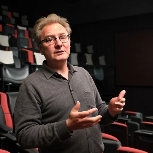 Prompt: ele é um proofessor de audiovisual, muito experiente, que esta dando aulas online para o curso dele no hotmart. alunos inyteressados em cinema,  produtora de video.

