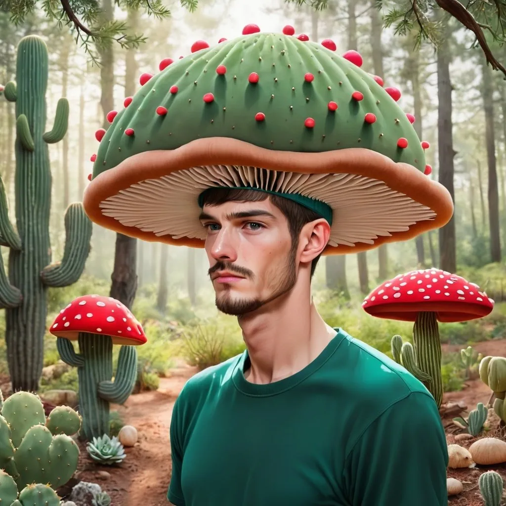 Prompt: Man wearing mushroom hat, cactus, wooded area