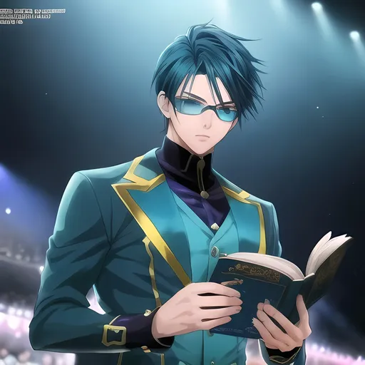 Prompt: (Anime style), charming boy on stage, reading a manga book, vibrant manga panels in the background, cool color scheme with shades of blue and teal, dramatic lighting highlighting the boy’s features, engaging and animated atmosphere, expressive facial features, intricate details in the panels, dynamic composition, captivating imagery, ultra-detailed, HD.