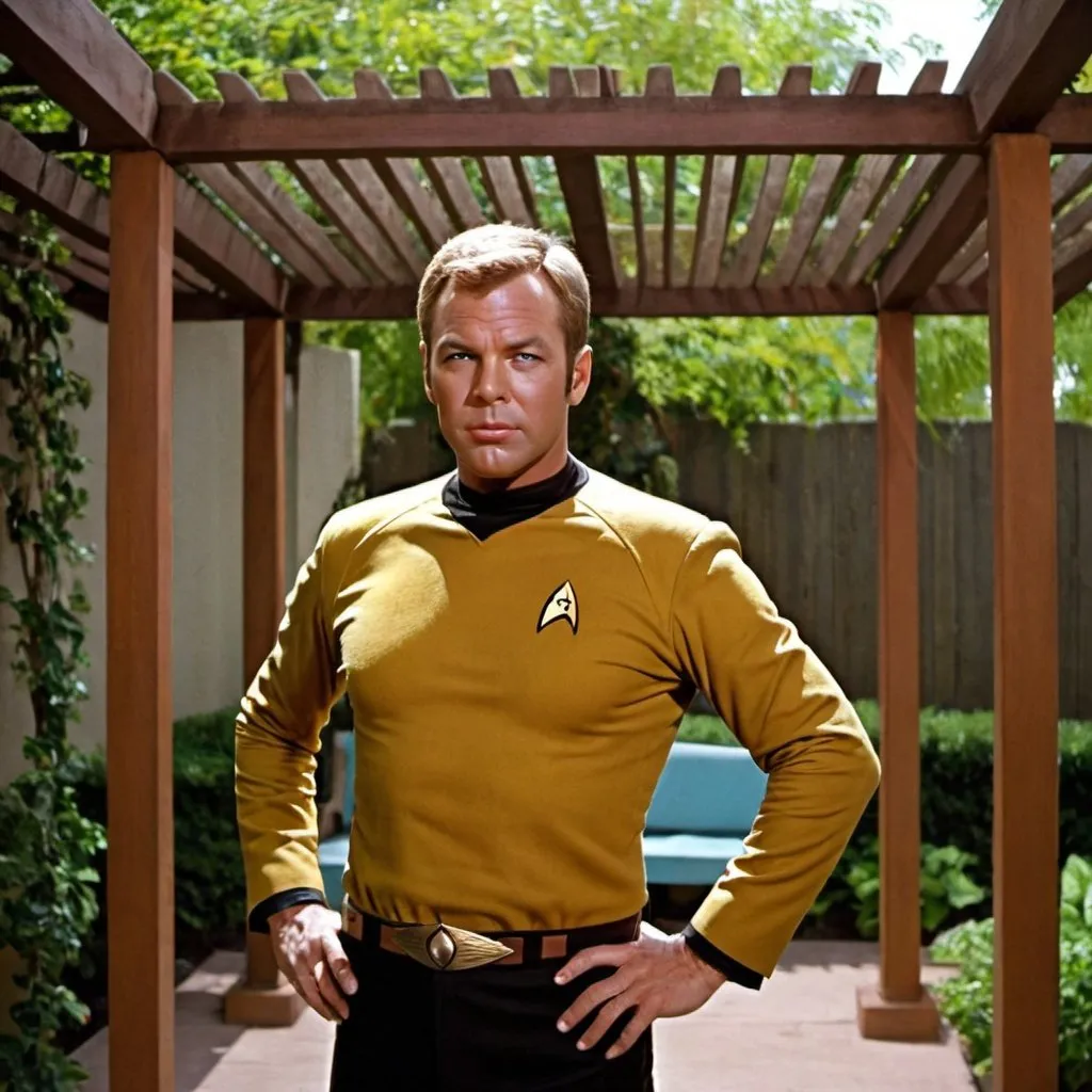 Prompt: Captain Kirk from Star Trek under a pergola.