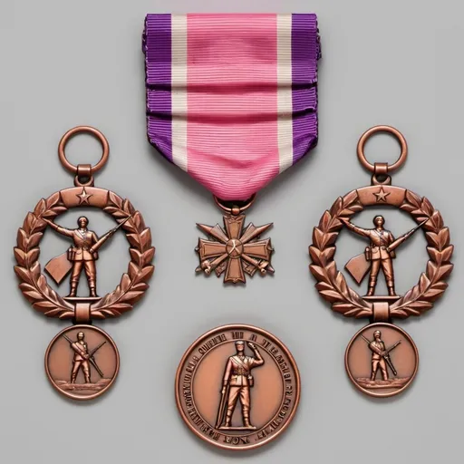 Prompt: A military medal in three-dimensional copper color, in the form of a seven, and in the limbs two spikes and in the middle images of a soldier giving a military salute and also three-dimensional and behind the soldier two rifles prominently, and a ribbon hanging from the medal in purple, pink and red colors.