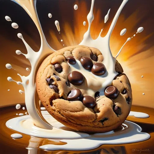 Prompt:   an expressive oil painting of a chocolate chip cookie being dipped in a glass of milk, depicted as an explosion of flavors.