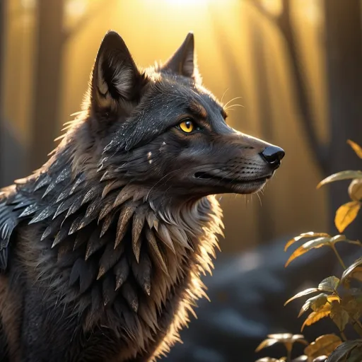 Prompt: 
"A beautiful little robin bird sitting on the nose of a black wolf with intense yellow eyes, macro shot, side view, golden hour, sunshine rays, idyllic nature, breathtaking intricate details, hyperrealistic, trending on Artstation, concept art :: Meticulously hyperdetailed fantasy photo with breathtaking intricate details, by WETA FX and industrial light and magic, intricate elaborate RTX enhanced CGI render
