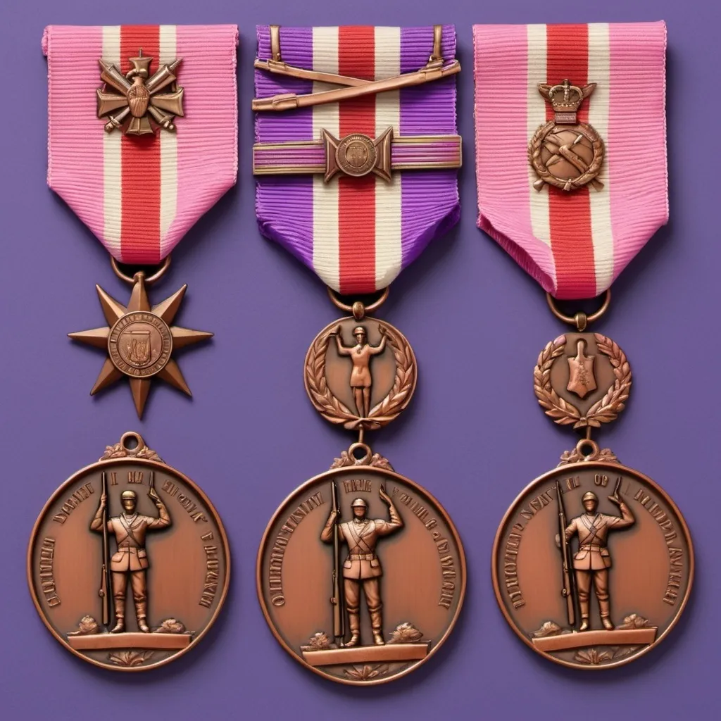 Prompt: A military medal in three-dimensional copper color, in the form of a seven, and in the limbs two spikes and in the middle images of a soldier giving a military salute and also three-dimensional and behind the soldier two rifles prominently, and a ribbon hanging from the medal in purple, pink and red colors.