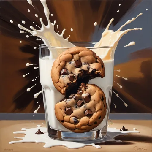 Prompt:   an expressive oil painting of a chocolate chip cookie being dipped in a glass of milk, depicted as an explosion of flavors.