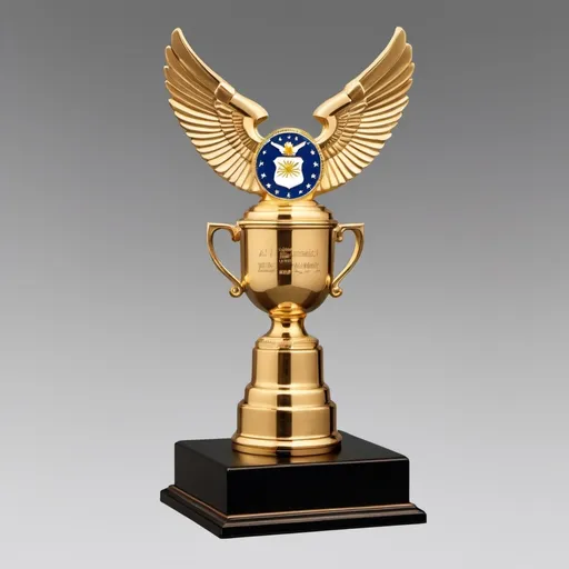 Prompt: Design a trophy for the distribution of Air Force Awards. It should be neat and solid, standing on a bronze square base. The main body of the cup is long and cylindrical, leading to a large open book that gracefully bends at its midpoint closer to an open magazine on its waist. The sides of the book bend apart from each other at the top, and the fuselage of the F-18 appears, creating a dynamic appearance. The cup is predominantly gold, but the plane element should have a darker colour to give contrast. The word "Kuwait Air Force" should be engraved on the base to indicate that it recognizes outstanding achievements.
