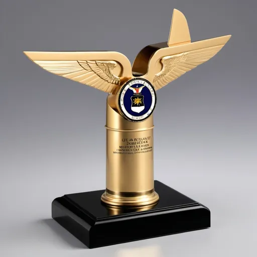 Prompt: Design a trophy for the distribution of Air Force Awards. It should be neat and solid, standing on a bronze square base. The main body of the cup is long and cylindrical, leading to a large open book that gracefully bends at its midpoint closer to an open magazine on its waist. The sides of the book bend apart from each other at the top, and the fuselage of the F-18 appears, creating a dynamic appearance. The cup is predominantly gold, but the plane element should have a darker colour to give contrast. The word "Kuwait Air Force" should be engraved on the base to indicate that it recognizes outstanding achievements.
