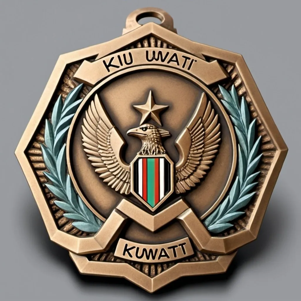 Prompt: Bronze military medal three-dimensional color, hexagonal in shape and at the ends two spikes and in the middle free of drawings and writing under the spikelet Kuwait Air Force
