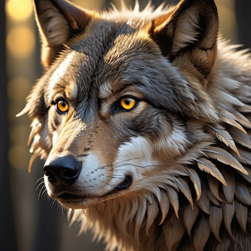 Prompt: An immensely detailed image capturing the peaceful coexistence of a tiny robin bird perched gently on the snout of a formidable black wolf. The wolf's piercing yellow eyes stand out in contrast to its dark fur, rendered in a hyperrealistic style. The magic of a golden hour blankets the tableau with warm, radiant light, illuminating each individual feather on the bird and each strand of fur on the wolf, revealing their intricate details. This side-view image captures the charm of nature in its idyllic form, as if seen through a macro lens, reminiscent of the fantasy art popular in the early 20th century and is conjured using advanced digital rendering techniques.