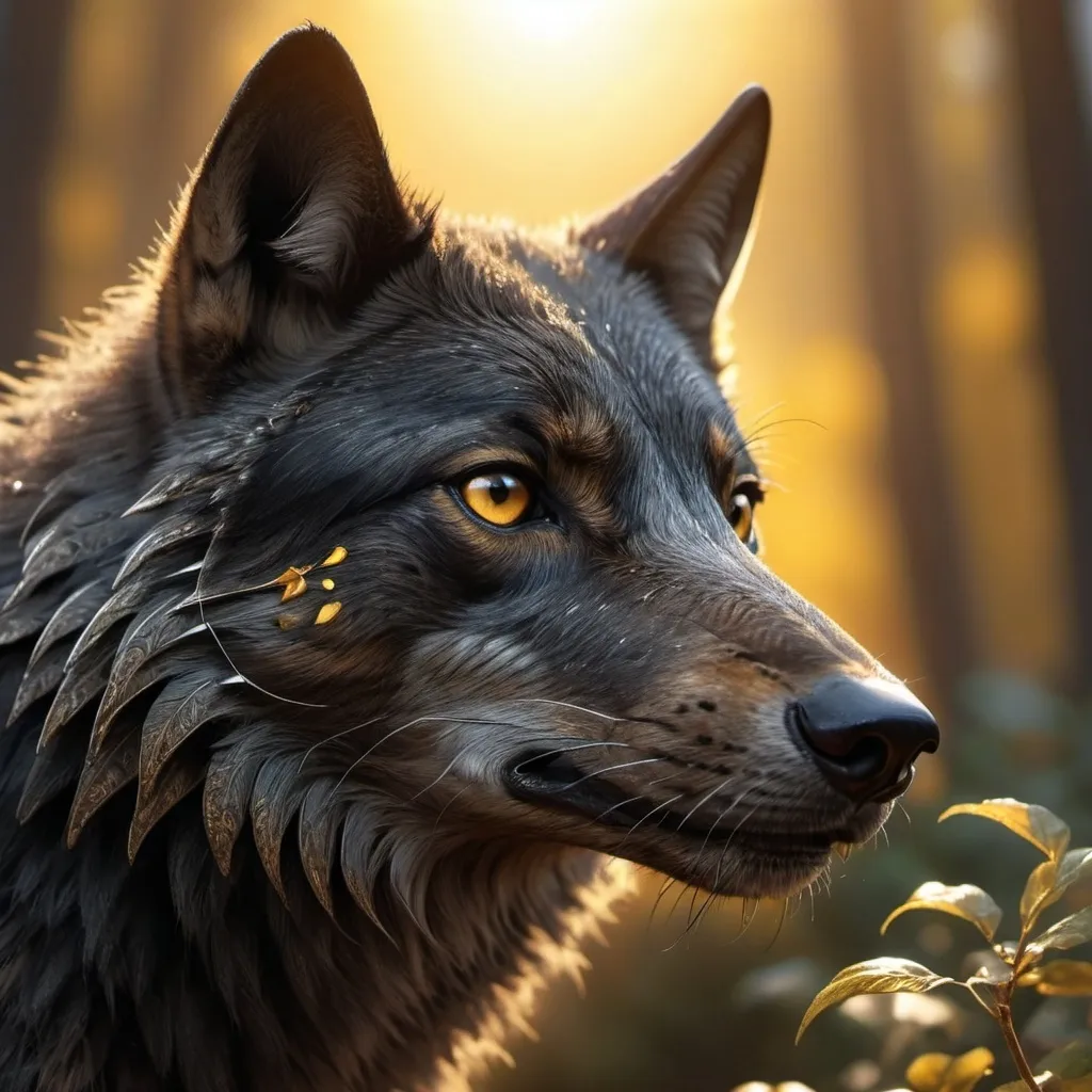 Prompt: 
"A beautiful little robin bird sitting on the nose of a black wolf with intense yellow eyes, macro shot, side view, golden hour, sunshine rays, idyllic nature, breathtaking intricate details, hyperrealistic, trending on Artstation, concept art :: Meticulously hyperdetailed fantasy photo with breathtaking intricate details, by WETA FX and industrial light and magic, intricate elaborate RTX enhanced CGI render
