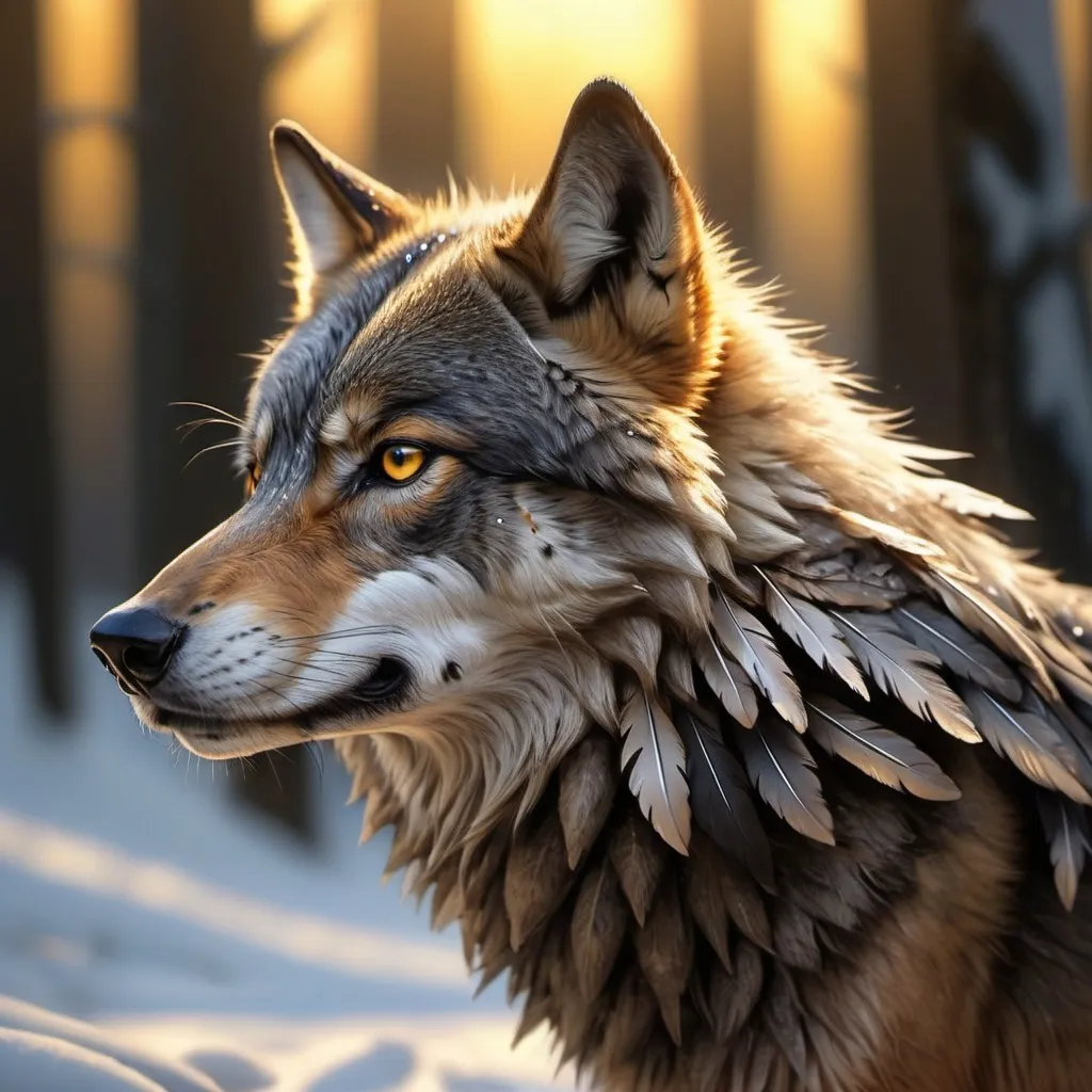 Prompt: An immensely detailed image capturing the peaceful coexistence of a tiny robin bird perched gently on the snout of a formidable black wolf. The wolf's piercing yellow eyes stand out in contrast to its dark fur, rendered in a hyperrealistic style. The magic of a golden hour blankets the tableau with warm, radiant light, illuminating each individual feather on the bird and each strand of fur on the wolf, revealing their intricate details. This side-view image captures the charm of nature in its idyllic form, as if seen through a macro lens, reminiscent of the fantasy art popular in the early 20th century and is conjured using advanced digital rendering techniques.