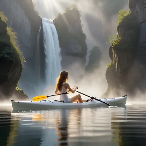 Prompt: A serene scene of a woman with long flowing hair, rowing a kayak on a calm body of water, she wears a one piece white body suit. She is positioned amidst a misty environment, with towering cliffs and a waterfall visible in the background. The sunlight pierces through the mist, casting a soft glow on the water and illuminating the woman's hair.