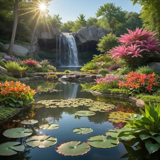 Prompt: A serene and picturesque landscape featuring a tranquil pond surrounded by vibrant flowers in various colors. Lily pads float on the water's surface, and a waterfall cascades from a rocky cliff in the background. Sunlight filters through the trees, casting a soft glow on the scene. The foreground is dominated by a variety of blooming flowers, while the middle ground reveals the pond with lily pads, and the background presents the waterfall and dense foliage.