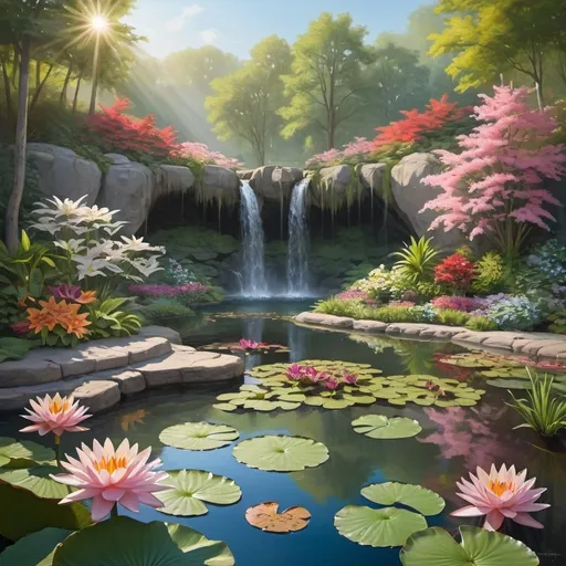 Prompt: A serene and picturesque landscape featuring a tranquil pond surrounded by vibrant flowers in various colors. Lily pads float on the water's surface, and a waterfall cascades from a rocky cliff in the background. Sunlight filters through the trees, casting a soft glow on the scene. The foreground is dominated by a variety of blooming flowers, while the middle ground reveals the pond with lily pads, and the background presents the waterfall and dense foliage.