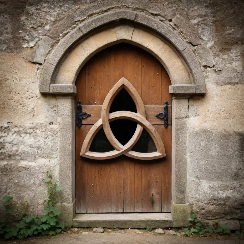 Prompt: triquetra shaped window in old wooden door