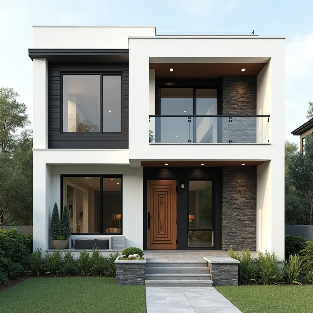 Prompt: A contemporary two-story building stands majestically, featuring a striking facade with a combination of smooth white walls and dark stone accents. Large windows, framed in black, create an inviting appearance, allowing natural light to flood the interior, while a stylish wooden door, adorned with a unique geometric design, serves as the focal entry point. The symmetrical layout is complemented by a small set of stairs leading up to the entrance, flanked by manicured lawn areas and minimal landscaping, enhancing the modern aesthetic. With a clean lines and a neutral color palette, this architectural design conveys elegance and sophistication, making it a standout in its environment.