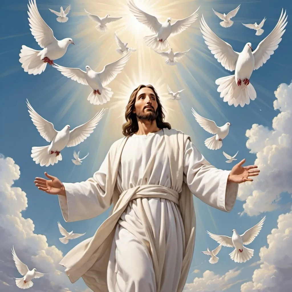 Prompt: Jesus wants white doves flying next to him walking from the sky in beautiful white robes.