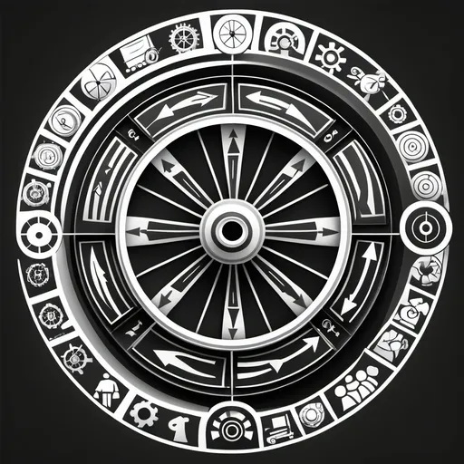 Prompt: Symbol of change, Wheel, Organizational Model, Systems Thinking, black and white