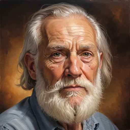 Prompt: Realistic oil painting of an elderly man with a majestic white beard, warm and earthy tones, soft natural lighting, detailed wrinkles and facial features, high quality, realistic, traditional art, warm tones, detailed beard, elderly, dignified, atmospheric lighting