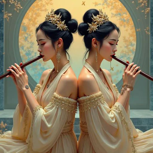 Prompt: (A mesmerizing combination of futuristic elements and ancient history, this image portrays captivatingly beautiful women playing the flute in enchanting backgrounds. The primary subject, created in a collaboration between the legendary artists Katsushika Hokusai and Luis Royo, is rich in detail and depth. Whether presented in a painting, photograph, or another medium, the image showcases stunningly rendered women adorned with intricate costumes and adorned with breathtaking accessories. The backgrounds transport viewers to ethereal realms, blending fantastical landscapes with elements of both technological advancements and ancient traditions. Exuding a sense of high quality and artistic mastery, this image delights the eye with its vivid colors, intricate textures, and striking contrasts.), detailed textures, high quality, high resolution, high precision, realistic, color correction, proper lighting settings, low noise, sharp edges, harmonious composition, award-winning work