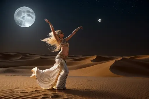 Prompt: in the Sahara  desert,  tent, woman standing belly dancing , moonlight,