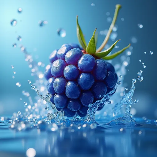 Prompt: blue raspberry fruit,water drops, in air