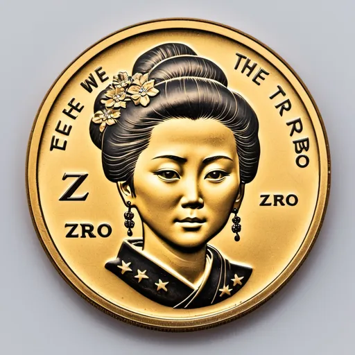 Prompt: japan woman face printed on a golden zero cent u.s currency coin called: Z-RO, The Z-RO Cent Coin, Texas Shape Shown, Z-RO CENTS written at the bottom of the coin, IN GOD WE TRUST written at the top