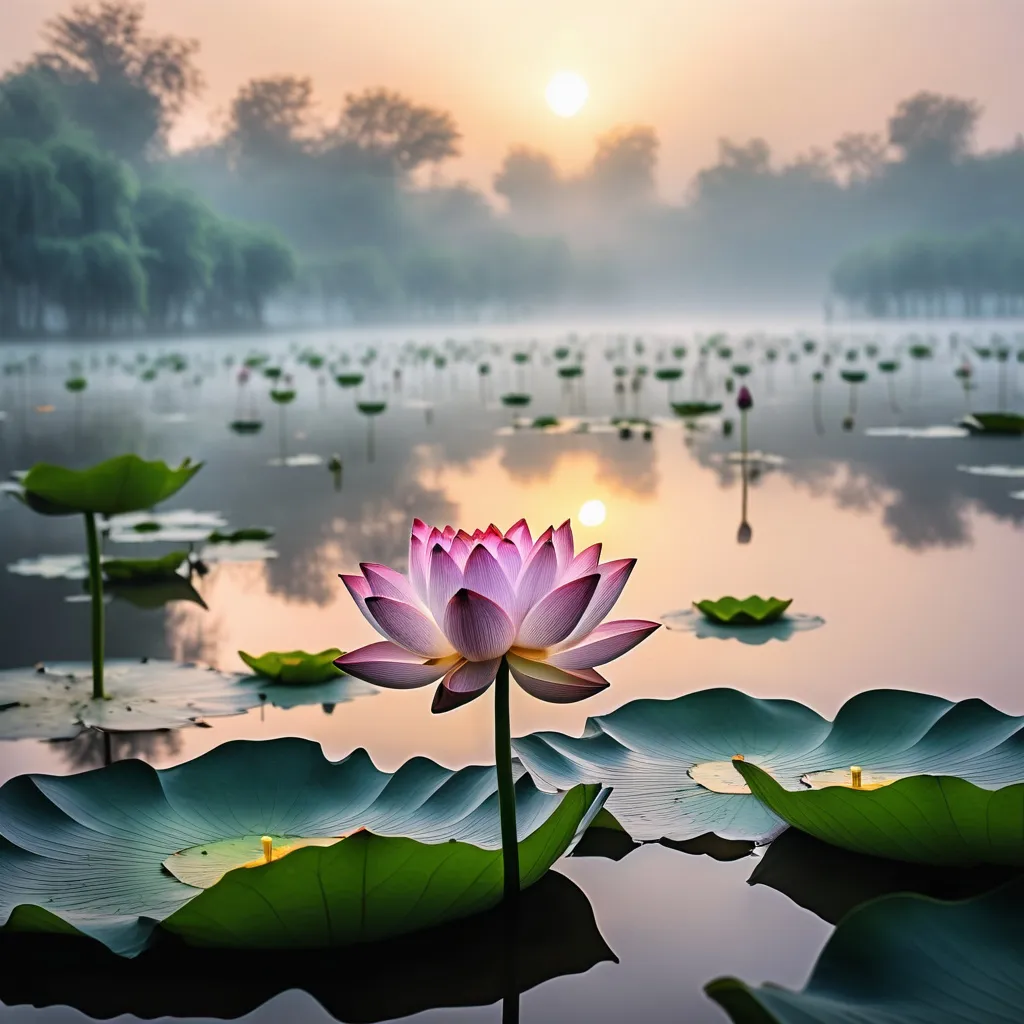 Prompt: in foggy morning, new bron bady on the lotus flower in the lake. Baby have divine lights