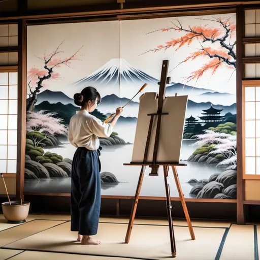 Prompt: full body of japanese woman painting a landscape