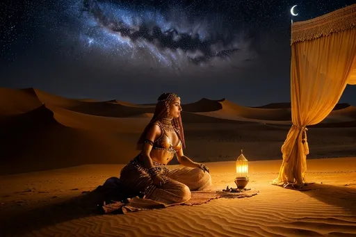 Prompt: in the Sahara  desert, bedoin sitting, drinking tea, woman belly dancing , moonlight,