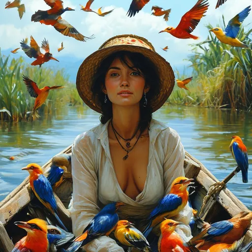 Prompt: a woman, in a boat, surrounded by exotic birds flying around her