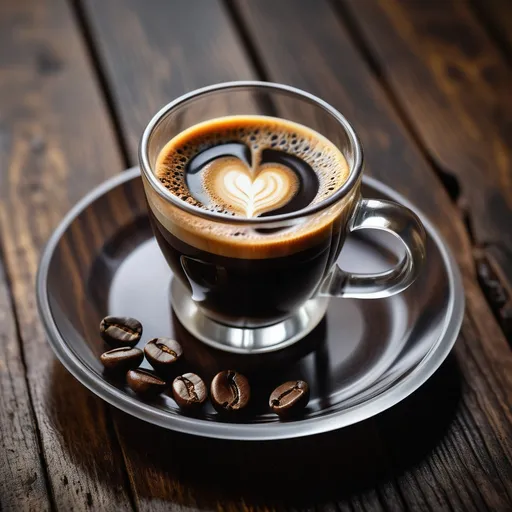 Prompt: "A hyper-realistic, close-up view of a freshly brewed espresso in a small, transparent glass cup on a dark wooden saucer. The espresso has a rich, dark brown color with a thick, golden crema layer on top, showcasing its intense flavor. The cup is surrounded by scattered coffee beans on the wooden surface, adding warmth and depth to the scene. The background is softly blurred, with hints of a cozy coffee shop ambiance. The lighting highlights the glossy texture of the espresso and the contrast between the dark coffee and the golden crema, creating a rich and inviting atmosphere."