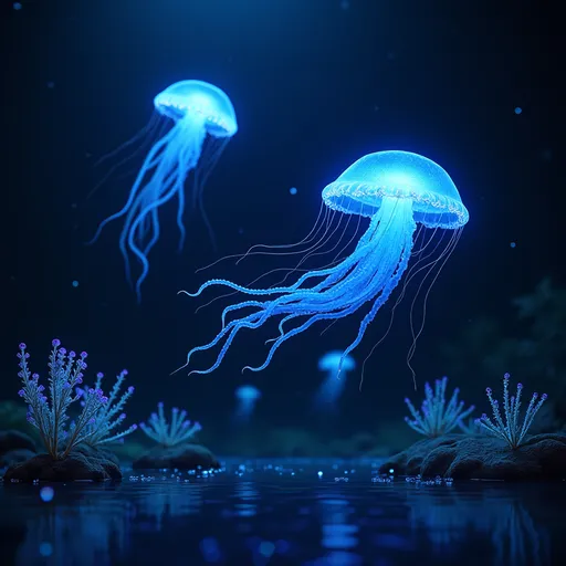 Prompt: Glowing jellyfish swimming in a dark sea. Luminescent plants and stars in the night sky reflected in the water.