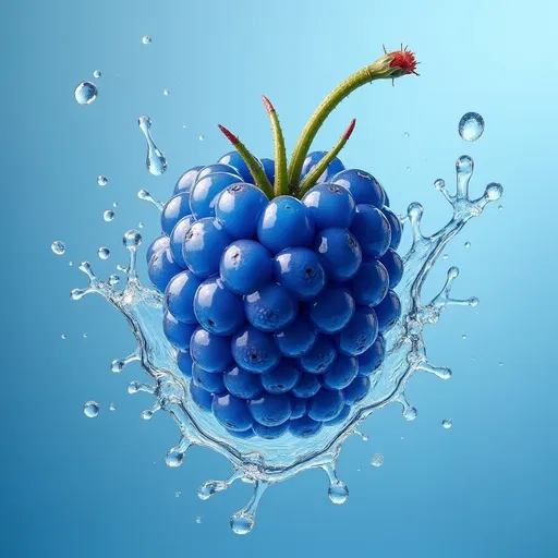 Prompt: blue raspberry fruit, water drops, in air