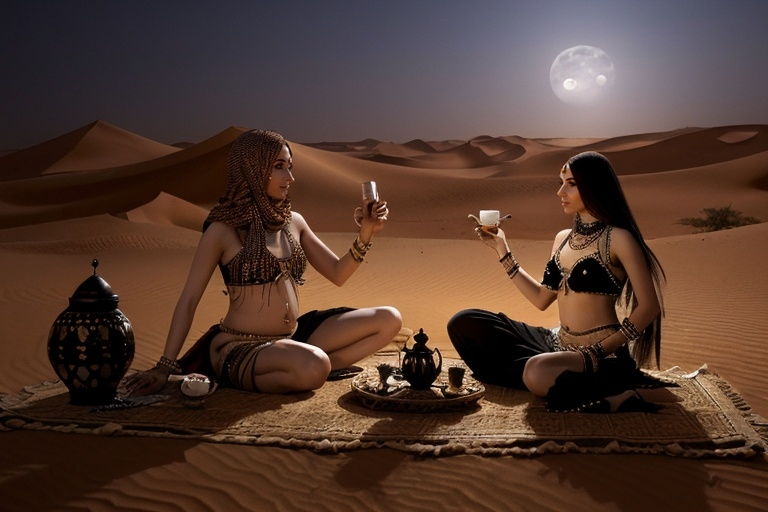 Prompt: in the Sahara  desert, bedoin sitting, drinking tea, woman belly dancing , moonlight,