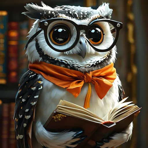 Prompt: wise owl less realistic give a wise scholarly look add a minerva's owl look give a more friendly look blacxk add glasses holding books and put a tee shirt on that says Minerva's Owl make very friendly looking. orange and white scarf around neck