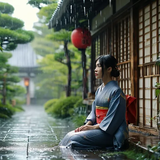 Prompt: old japanese house, young woman sitting outside, raining