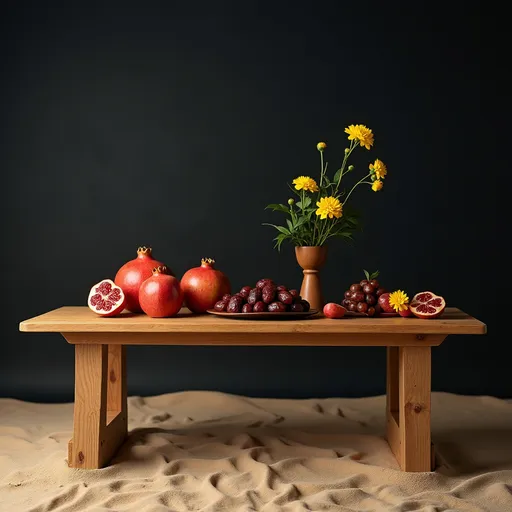 Prompt: a long wood table, stands on sand, dark sky, on the table pomegranates and dates decorated with bright yellow flowers