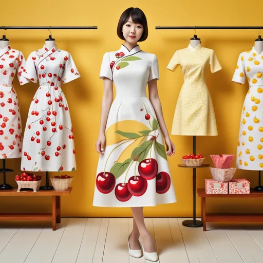 Prompt: Full-length 3D image of an attractive japanese woman wearing a white dress with a cherry pattern, and the background is a photo of a fabric store with a yellow theme