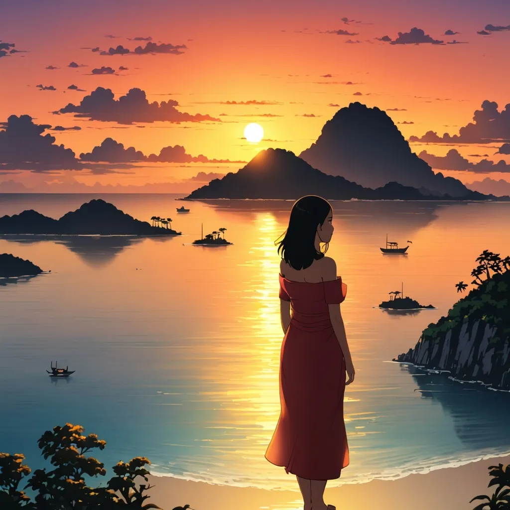 Prompt: sunset, asian woman, island