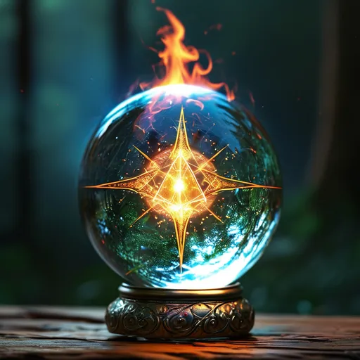 Prompt: Merlin the magician, flame inside crystal ball