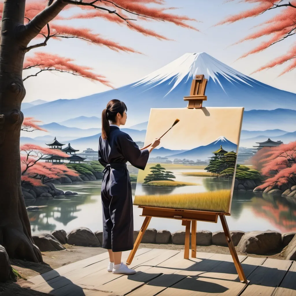 Prompt: full body of japanese woman painting a landscape