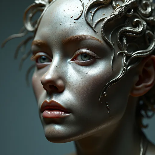 Prompt: Presentation of Human Form: A woman's face, crafted with the aesthetics of liquid metal,