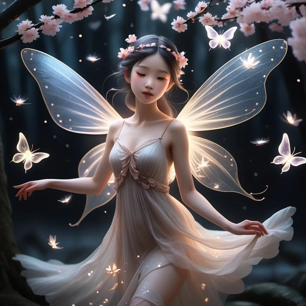 Prompt: Amidst a flurry of falling sakura petals and dancing fireflies, a delicate fairy emerges. Her translucent wings shimmer like a thousand tiny stars, casting an ethereal glow upon the surrounding darkness. Her skin is as pale as moonlight, and her eyes sparkle with an otherworldly incandescence. As she flits through the air, her wings leave a trail of shimmering light, illuminating the night like a miniature constellation. The fairy's presence brings a sense of magic and wonder to the forest, transforming it into a realm of enchantment.