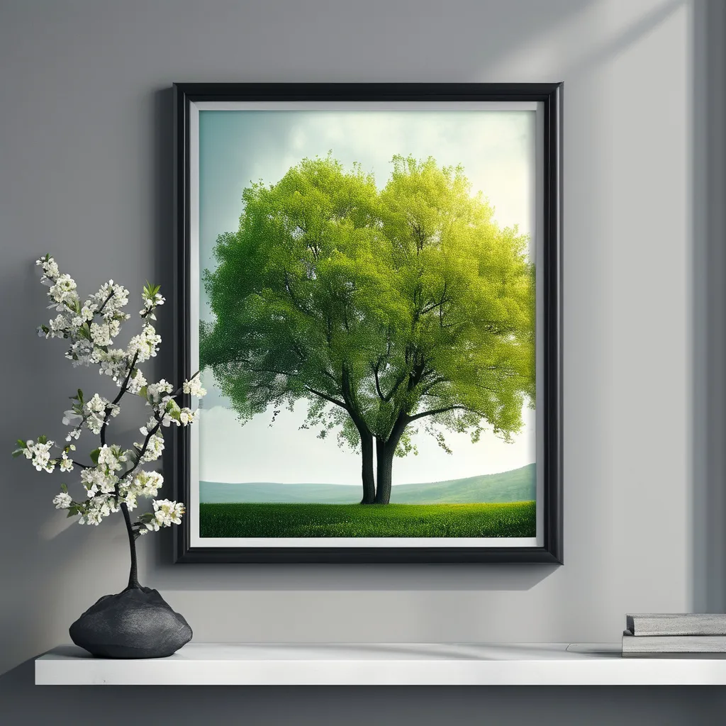 Prompt: inside a photo frame on a wall, a tree in spring,