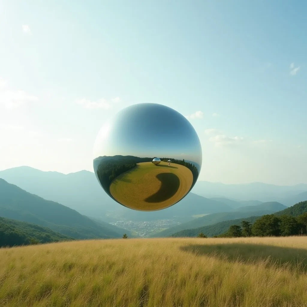 Prompt: floating mirror sphere, high above a field, japanese landscape